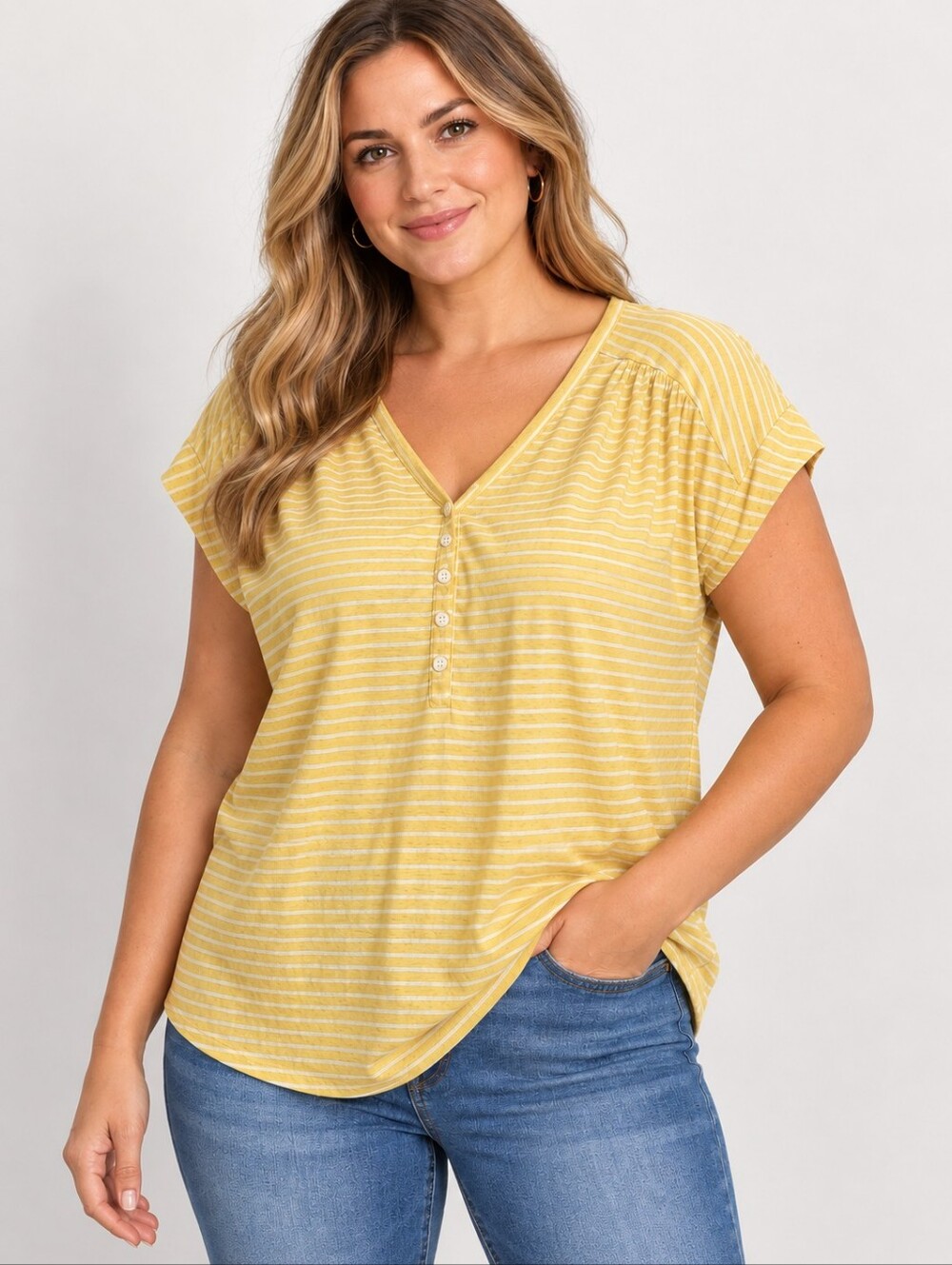 Old Navy Yellow White Striped Linen Blend Henley Top Women XL V Neck